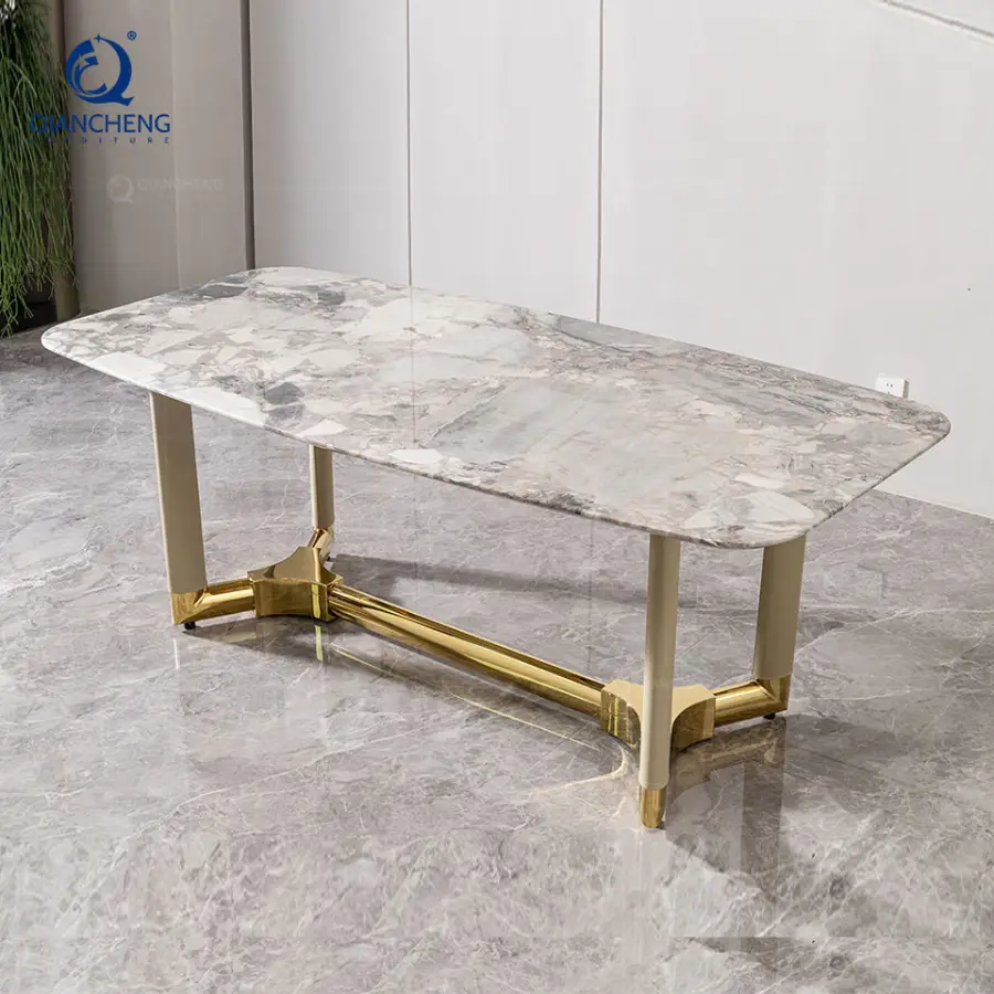 QIANCHENG Modern Luxury Furnitures Mirror Golden Dinners Table Dining Room Set Marble Dinning Table 4 Seater — image 5