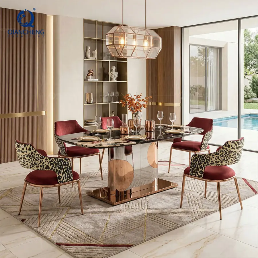 QIANCHENG Metal Dining Table with Marble Top Foshan Italian Furniture Luxury Taobao New Design Dining Table — view 1