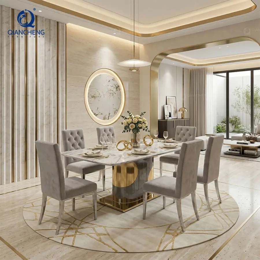 QIANCHENG Metal Dining Table with Marble Top Foshan Italian Furniture Luxury Taobao New Design Dining Table — image 3