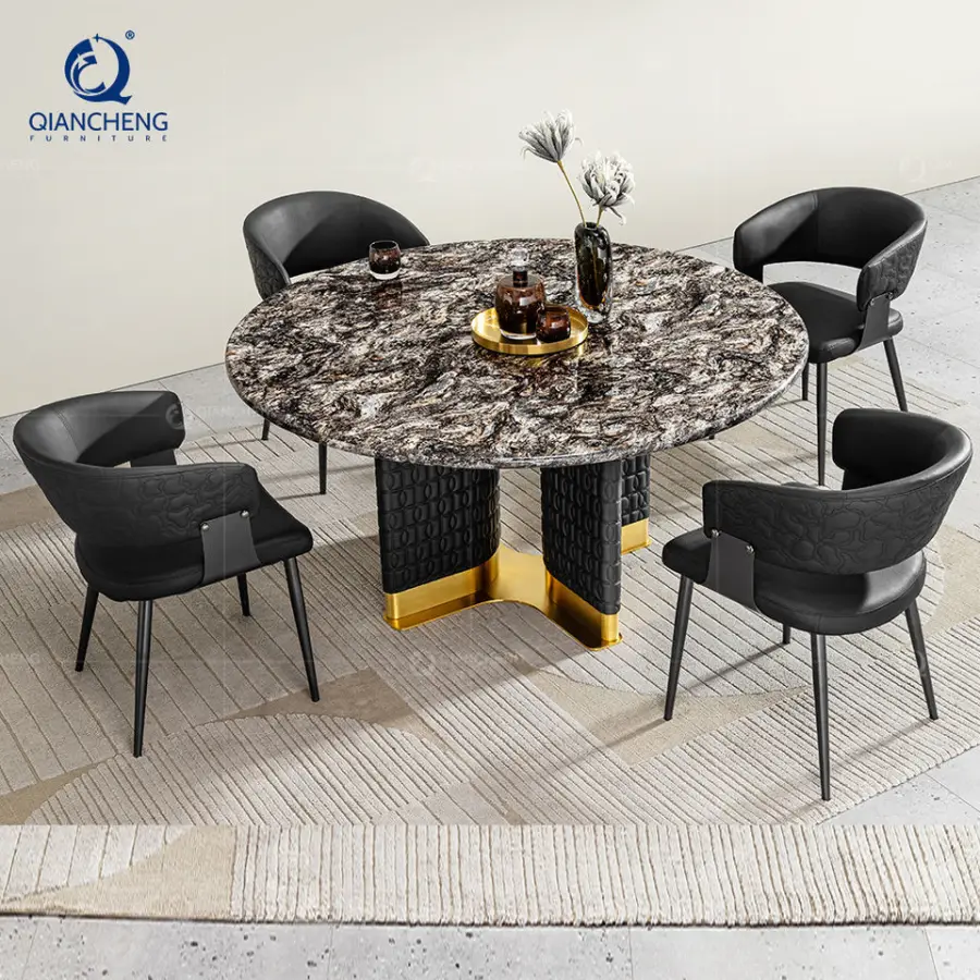 Luxury Modern Marble Large Round Dining Table Chair Set 4 6 8 Seater Commercial Hotel Restaurant Metal Furniture Kitchen — view 1
