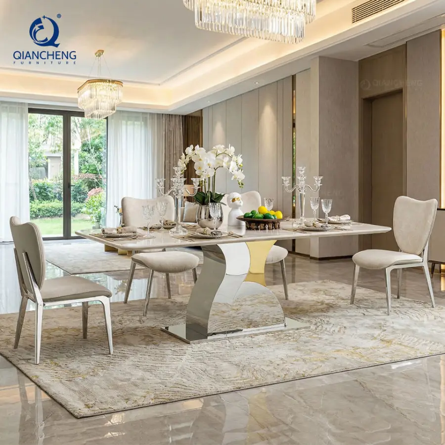 2026 Luxury Villa Indoor Marble Dining Table Set 6 Seater 201 Stainless Steel Frame Customizable Wholesale — view 1