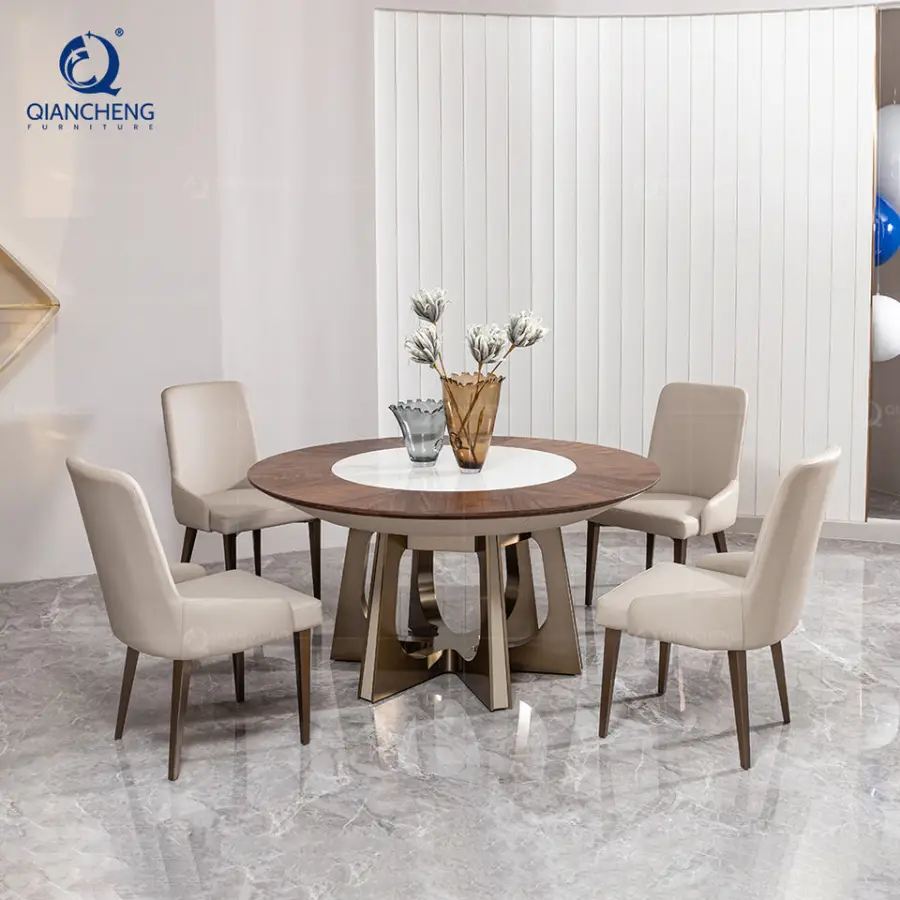 QIANCHENG Luxury Hotel Restaurant Home Furniture Supplier Stainless Steel Base Round Marble Wood Dining Table with Lazy — view 1