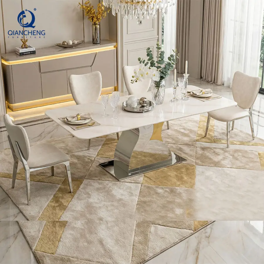 2026 Luxury Villa Indoor Marble Dining Table Set 6 Seater 201 Stainless Steel Frame Customizable Wholesale — image 3