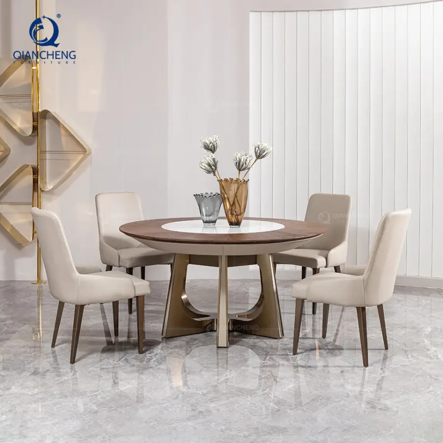 QIANCHENG Luxury Hotel Restaurant Home Furniture Supplier Stainless Steel Base Round Marble Wood Dining Table with Lazy Susan — image 3