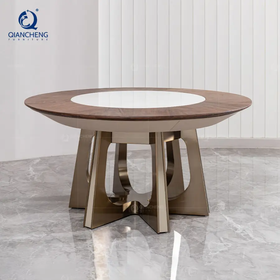 QIANCHENG Luxury Hotel Restaurant Home Furniture Supplier Stainless Steel Base Round Marble Wood Dining Table with Lazy Susan — image 4