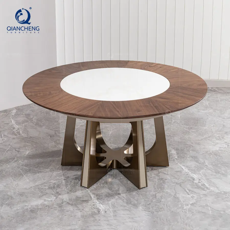 QIANCHENG Luxury Hotel Restaurant Home Furniture Supplier Stainless Steel Base Round Marble Wood Dining Table with Lazy Susan — image 5
