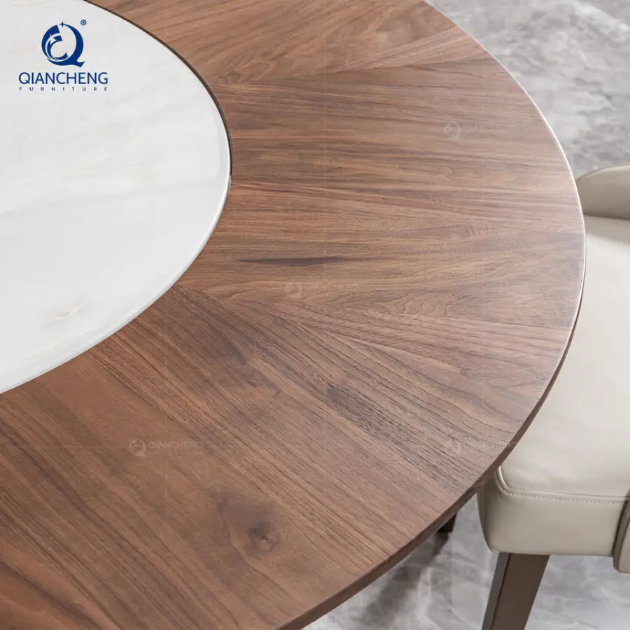 QIANCHENG Luxury Hotel Restaurant Home Furniture Supplier Stainless Steel Base Round Marble Wood Dining Table with Lazy Susan — image 6