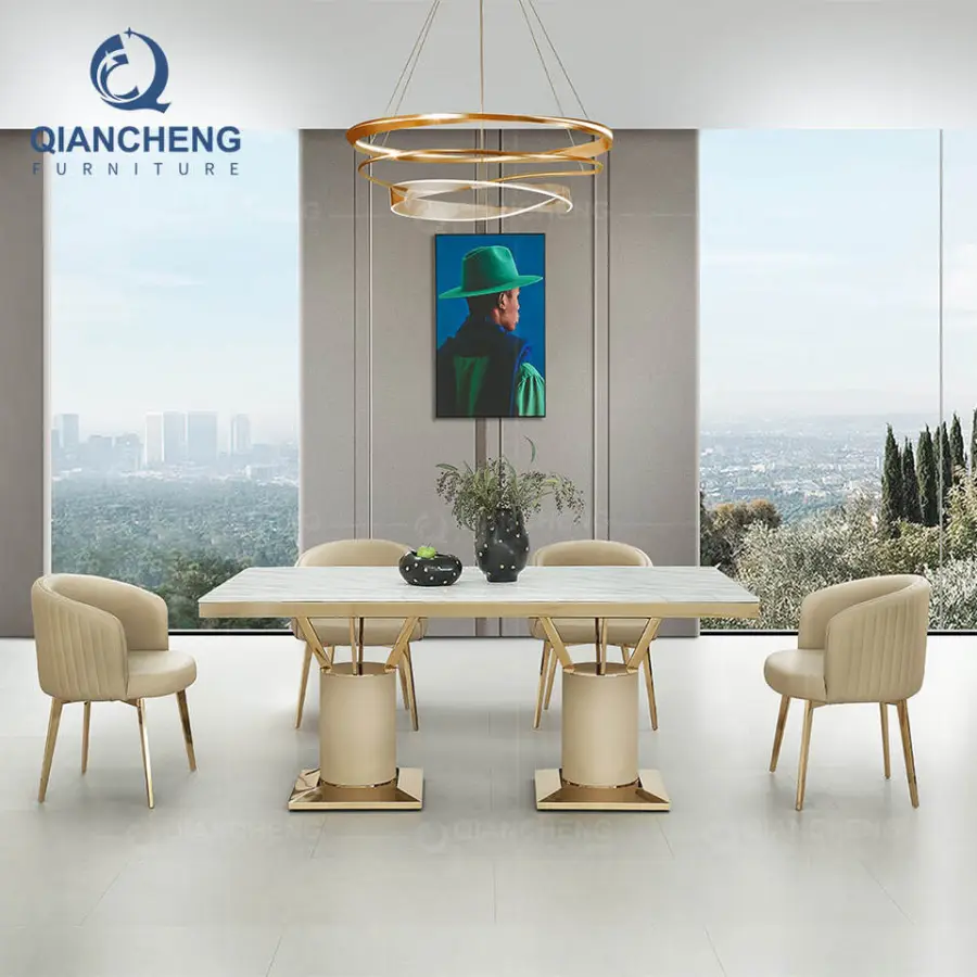 QIANCHENG Luxurious Golden Stainless Steel Mirrored Ss Furniture Minimalist Exotic Marble French Style Dining Table and — view 1