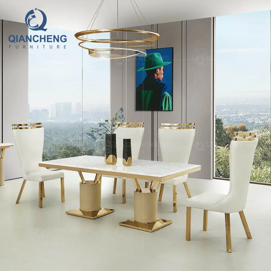 QIANCHENG Luxurious Golden Stainless Steel Mirrored Ss Furniture Minimalist Exotic Marble French Style Dining Table and Chair — image 3