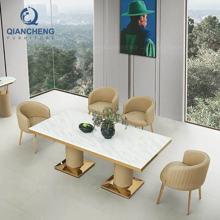 QIANCHENG Luxurious Golden Stainless Steel Mirrored Ss Furniture Minimalist Exotic Marble French Style Dining Table and Chair — image 5