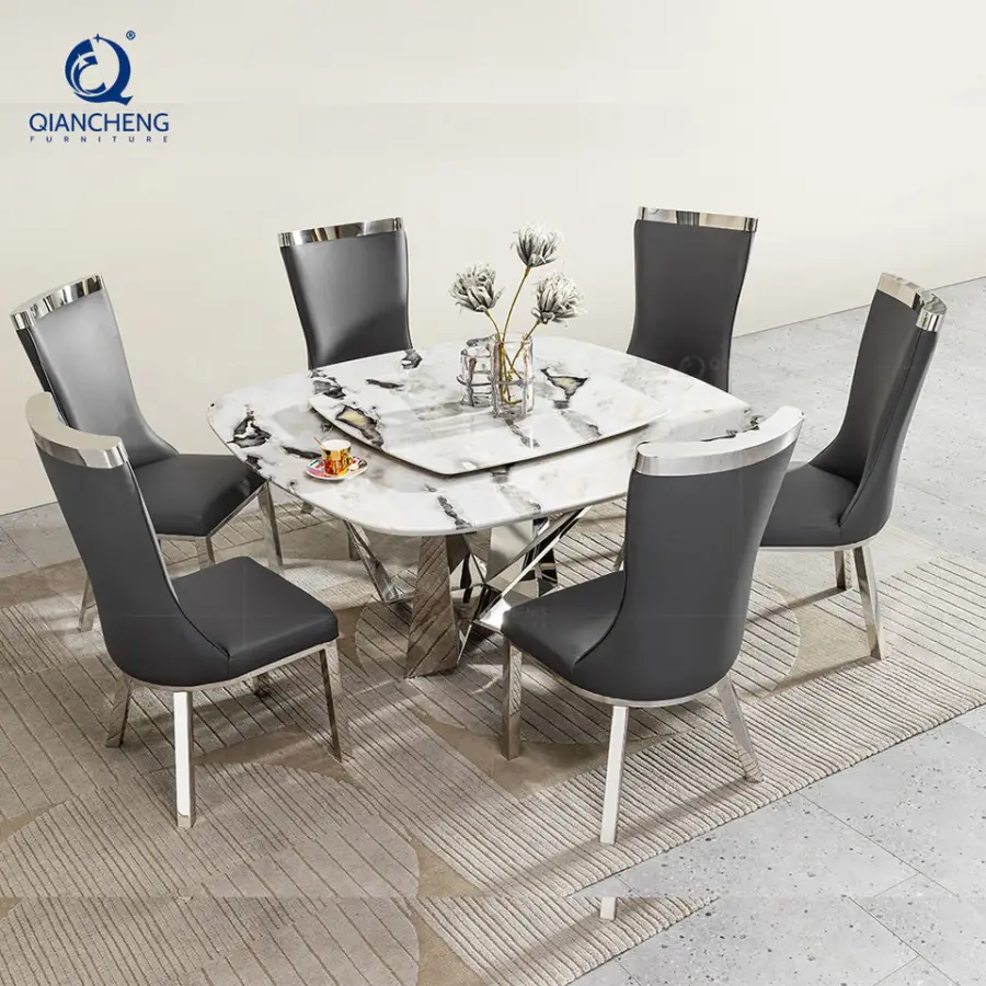 Custom Modern Dining Room Furniture Square Shape Rotary Marble Top Dining Table Set With Lazy Susan for Home and Restaur — view 1