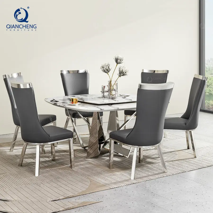 Custom Modern Dining Room Furniture Square Shape Rotary Marble Top Dining Table Set With Lazy Susan for Home and Restaurant — image 3