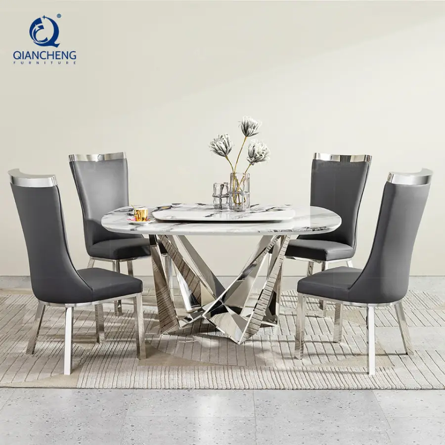 Custom Modern Dining Room Furniture Square Shape Rotary Marble Top Dining Table Set With Lazy Susan for Home and Restaurant — image 4