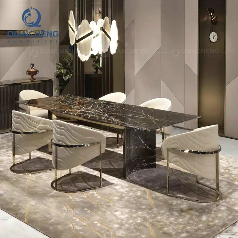 Stainless Steel Marble Dining Table Luxury Italian Dining Table Set 6/8/10/12 Chairs Large Dining Table Set — view 1