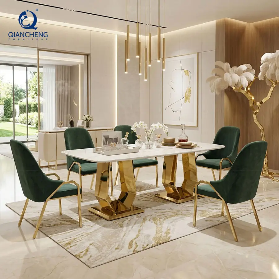 QIANCHENG New Designs Luxury Dinning Set Natural Real Green Marble Dining Tables Light Luxury Stainless Steel Home Furni — view 1