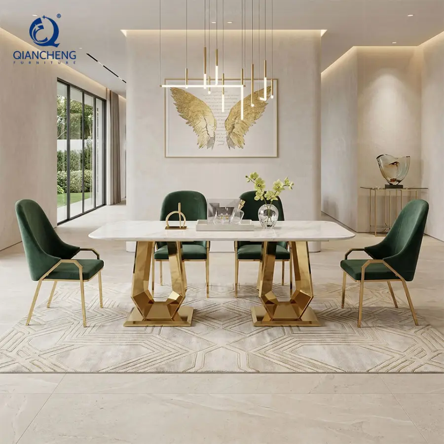 QIANCHENG New Designs Luxury Dinning Set Natural Real Green Marble Dining Tables Light Luxury Stainless Steel Home Furniture — image 3