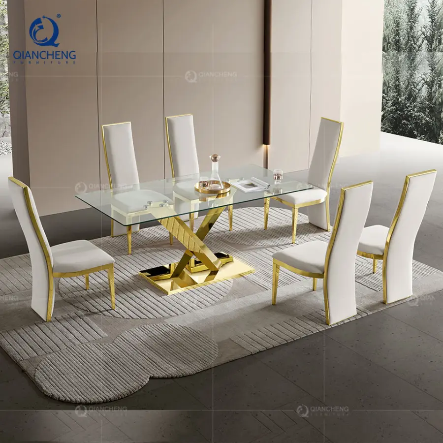 Luxury Stainless Steel Base Dining Room Table Tempered Glass Top Dining Table Rectangular Wedding Table for Home Hotel F — view 1