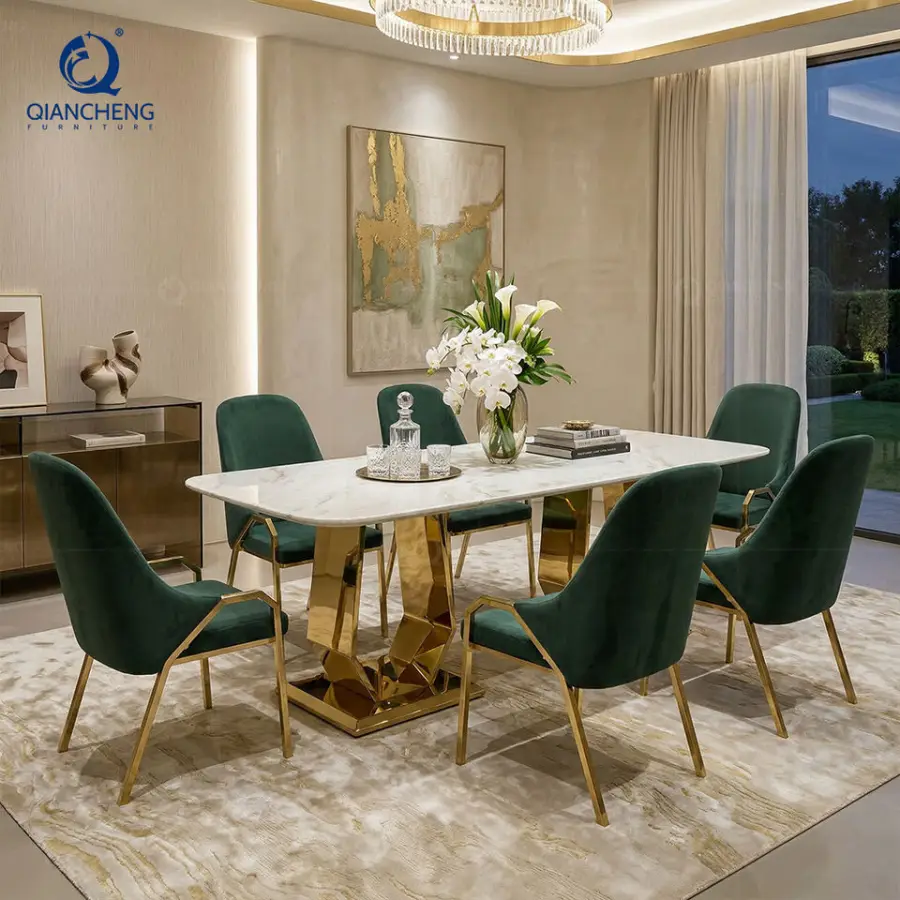 QIANCHENG New Designs Luxury Dinning Set Natural Real Green Marble Dining Tables Light Luxury Stainless Steel Home Furniture — image 4