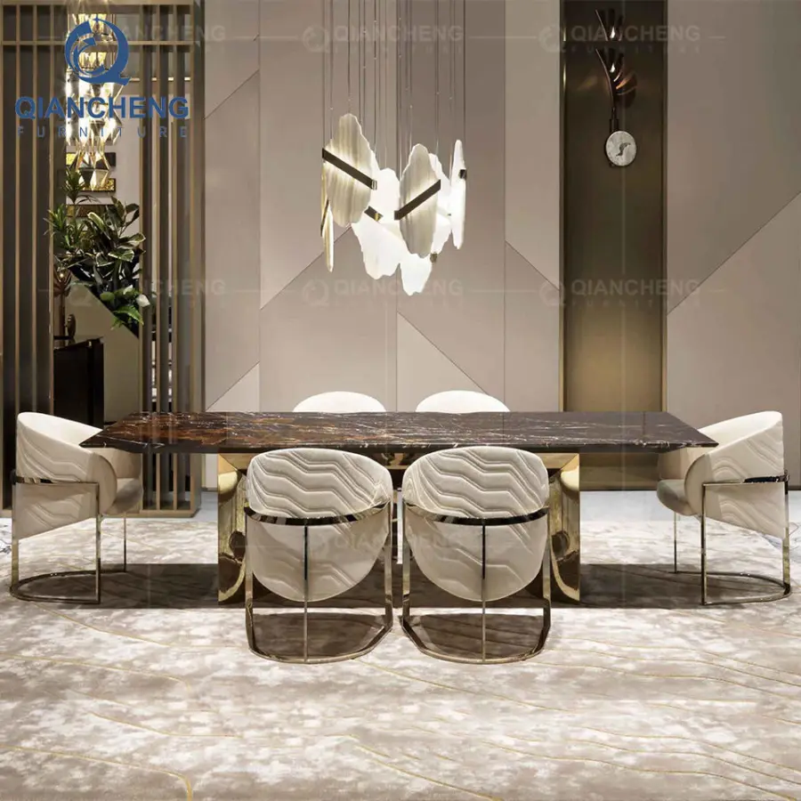 Stainless Steel Marble Dining Table Luxury Italian Dining Table Set 6/8/10/12 Chairs Large Dining Table Set — image 6
