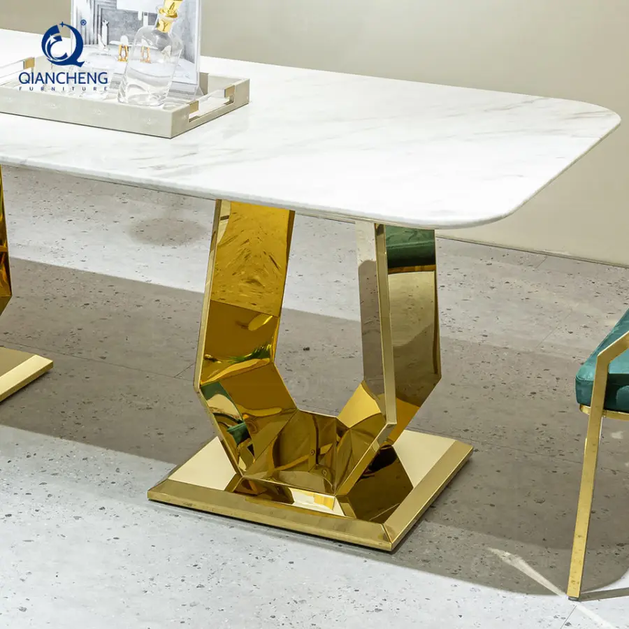 QIANCHENG New Designs Luxury Dinning Set Natural Real Green Marble Dining Tables Light Luxury Stainless Steel Home Furniture — image 5