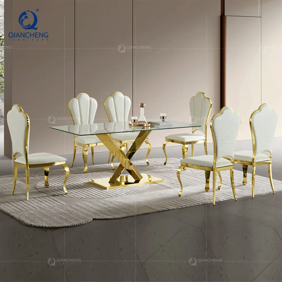 Luxury Stainless Steel Base Dining Room Table Tempered Glass Top Dining Table Rectangular Wedding Table for Home Hotel Furniture — image 3