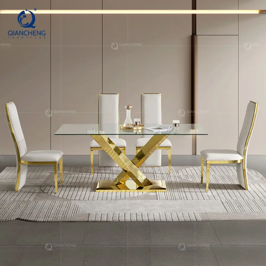 Luxury Stainless Steel Base Dining Room Table Tempered Glass Top Dining Table Rectangular Wedding Table for Home Hotel Furniture — image 4