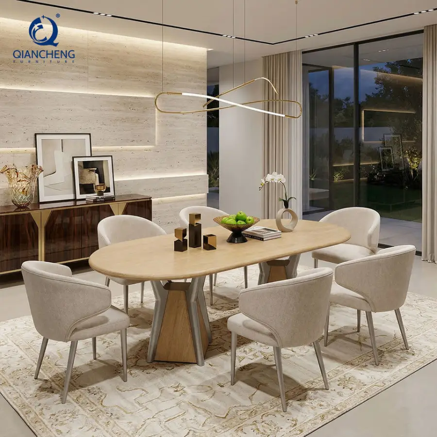 Foshan Factory Luxury Marble Top Dining Table Set China Home Furniture Stainless Steel with Walnut Veneer Wood Base Dini — view 1