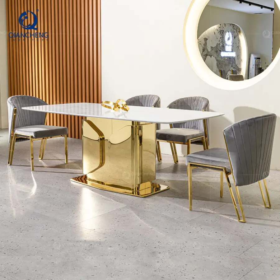 High Quality Interior Furniture Stainless Steel Base 8 Seater Chairs Table Modern Marble Dining Table Set Luxury Design — view 1