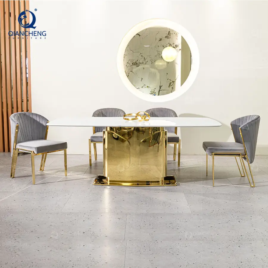 High Quality Interior Furniture Stainless Steel Base 8 Seater Chairs Table Modern Marble Dining Table Set Luxury Design — image 3