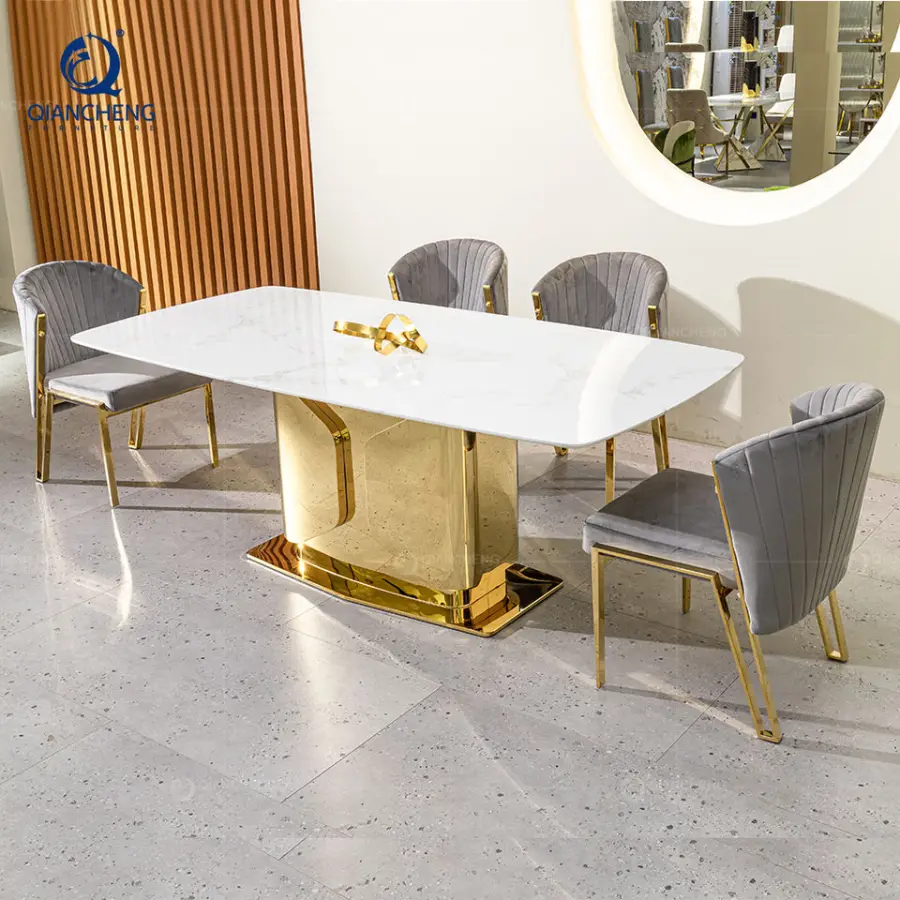 High Quality Interior Furniture Stainless Steel Base 8 Seater Chairs Table Modern Marble Dining Table Set Luxury Design — image 5