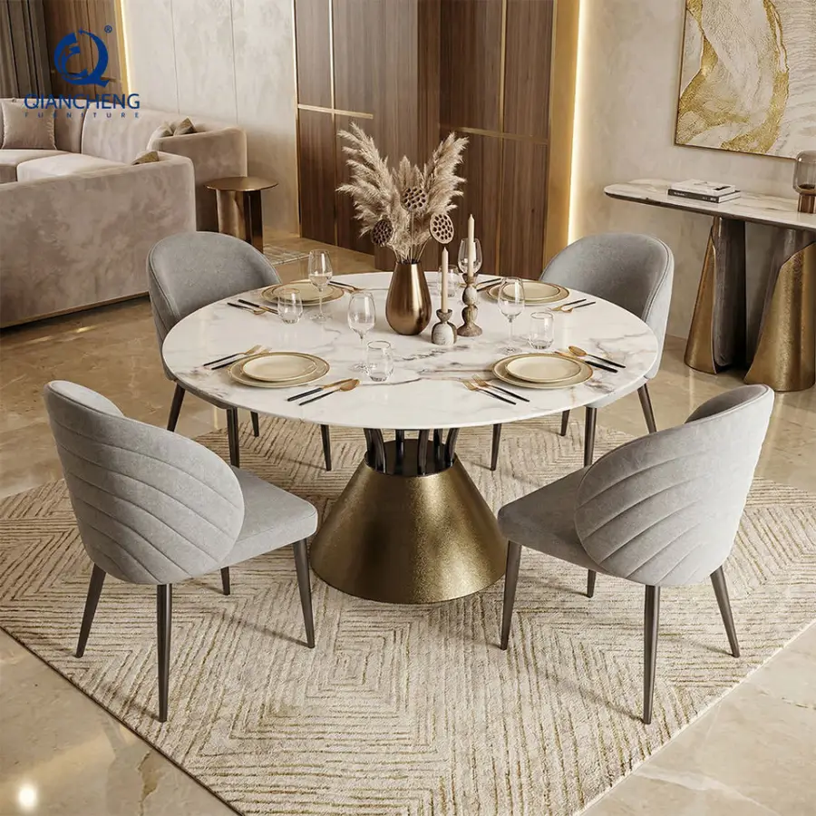 Guangzhou Foshan Furniture Market Luxury Restaurant Round Sintered Stone Dining Table Set with 4 Chair for Hotel Apartment Villa — image 3