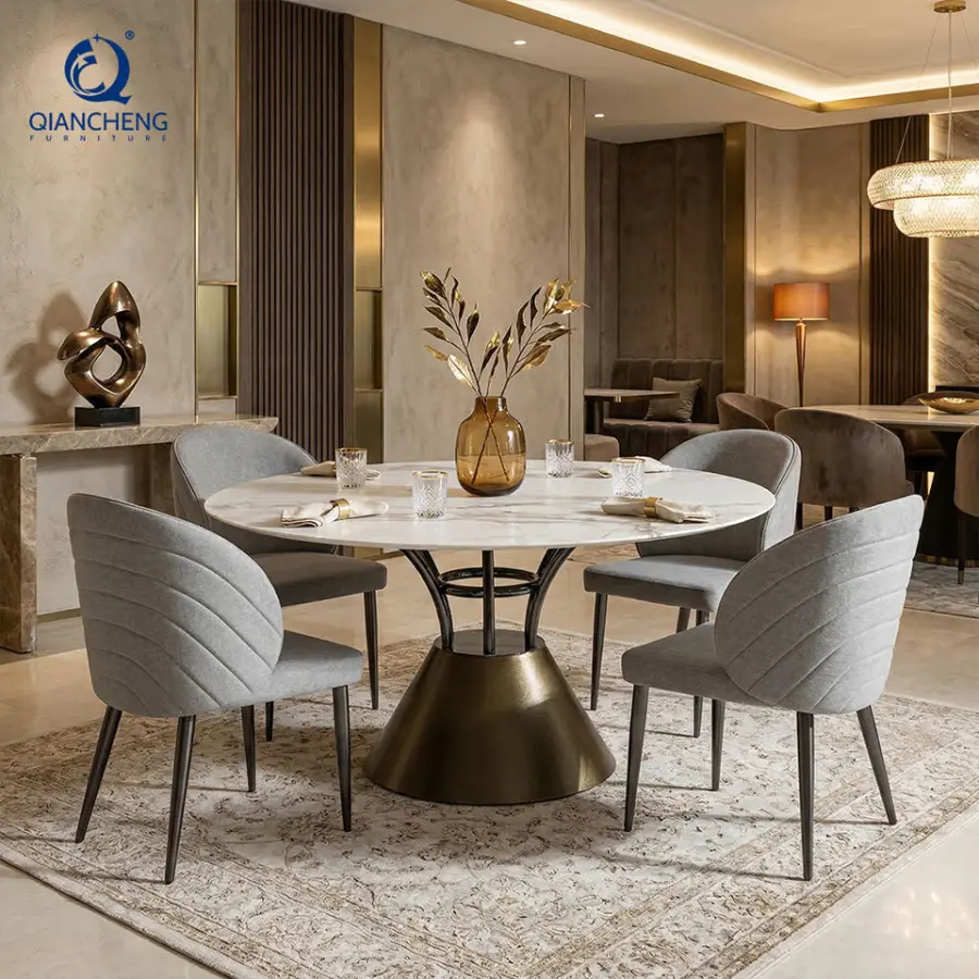 Guangzhou Foshan Furniture Market Luxury Restaurant Round Sintered Stone Dining Table Set with 4 Chair for Hotel Apartment Villa — image 4