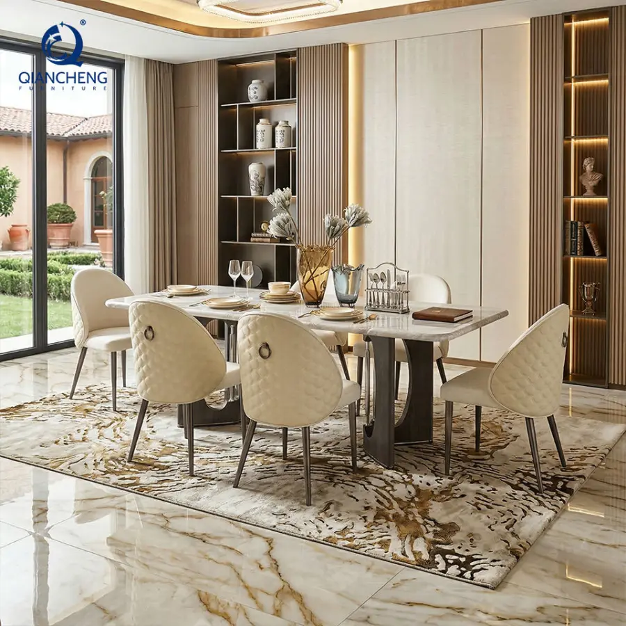 Luxury New Design Marble Dining+Table Set for 6 Person Foshan Factory Modern Rectangular Kitchen Dinning Table With Chairs — image 4