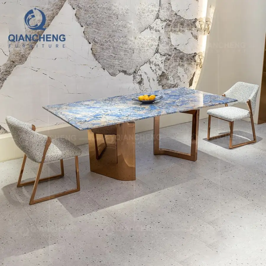 China Bling Dinning Furniture Manufacture Luxury Dinner Stainless Golden Granite Marble Dining Room Table — view 1