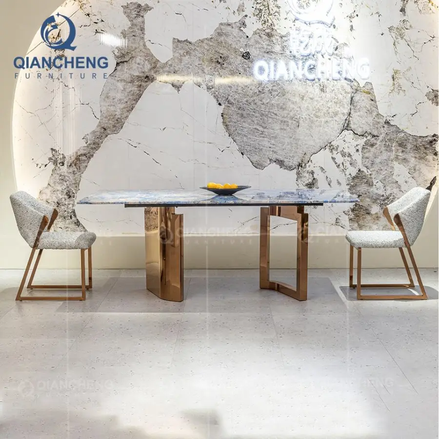 China Bling Dinning Furniture Manufacture Luxury Dinner Stainless Golden Granite Marble Dining Room Table — image 3