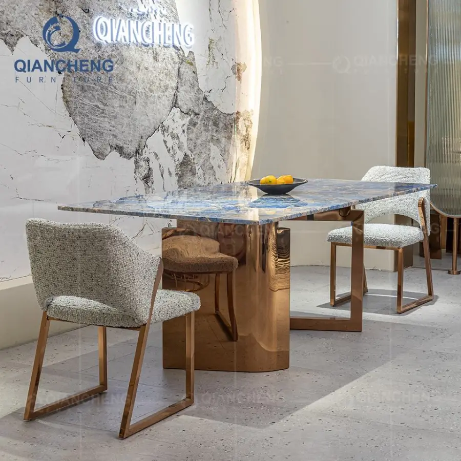 China Bling Dinning Furniture Manufacture Luxury Dinner Stainless Golden Granite Marble Dining Room Table — image 4