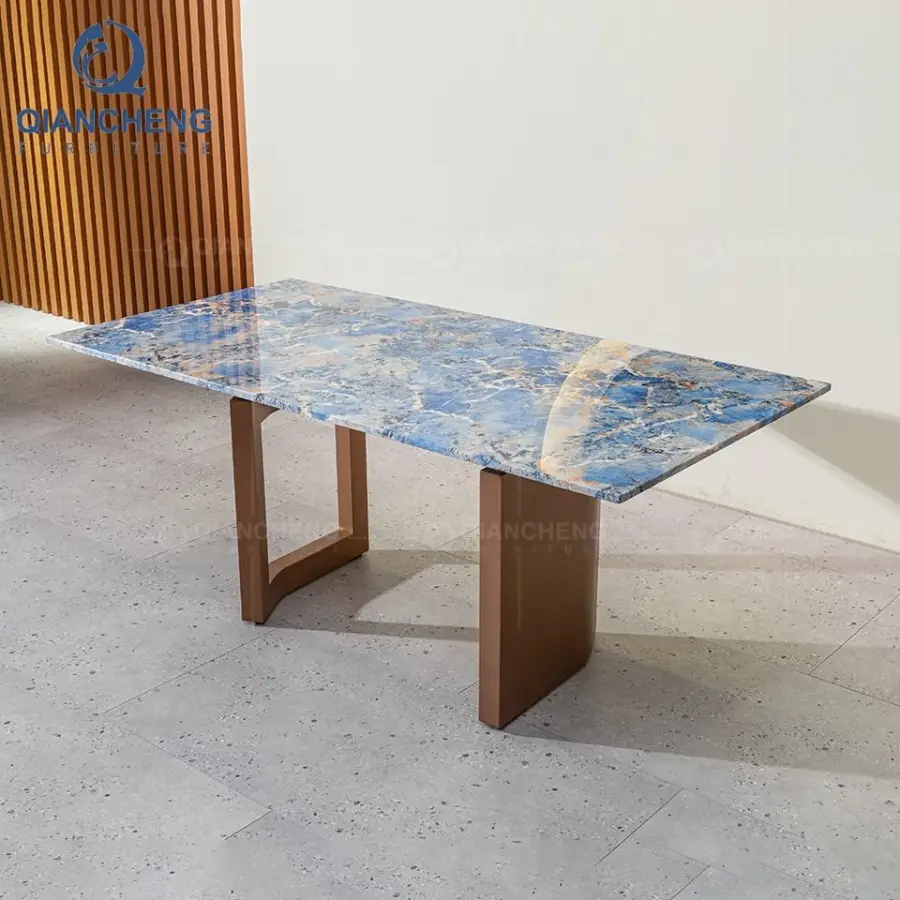 China Bling Dinning Furniture Manufacture Luxury Dinner Stainless Golden Granite Marble Dining Room Table — image 5