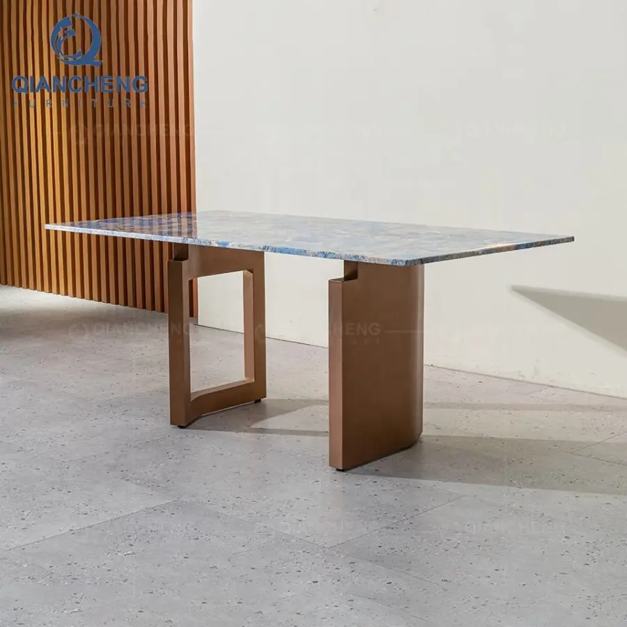 China Bling Dinning Furniture Manufacture Luxury Dinner Stainless Golden Granite Marble Dining Room Table — image 6