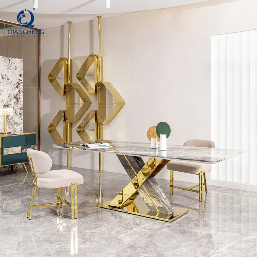 Luxury Rectangular 14 Seat Dining Table Set with Plus Fabric 6 Chairs New Design Metal X-Shaped Stand Marble Foshan-dini — view 1