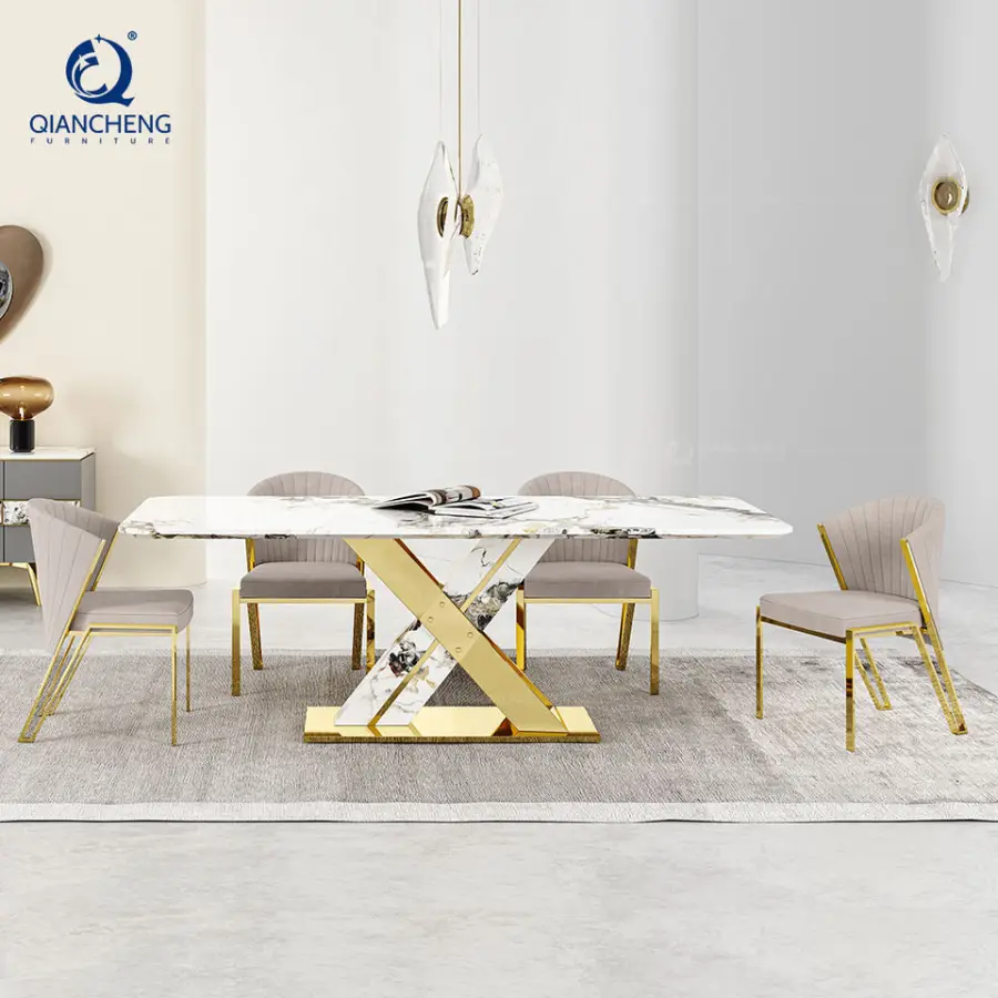 Luxury Rectangular 14 Seat Dining Table Set with Plus Fabric 6 Chairs New Design Metal X-Shaped Stand Marble Foshan-dining-table — image 3