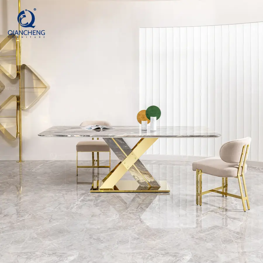 Luxury Rectangular 14 Seat Dining Table Set with Plus Fabric 6 Chairs New Design Metal X-Shaped Stand Marble Foshan-dining-table — image 4