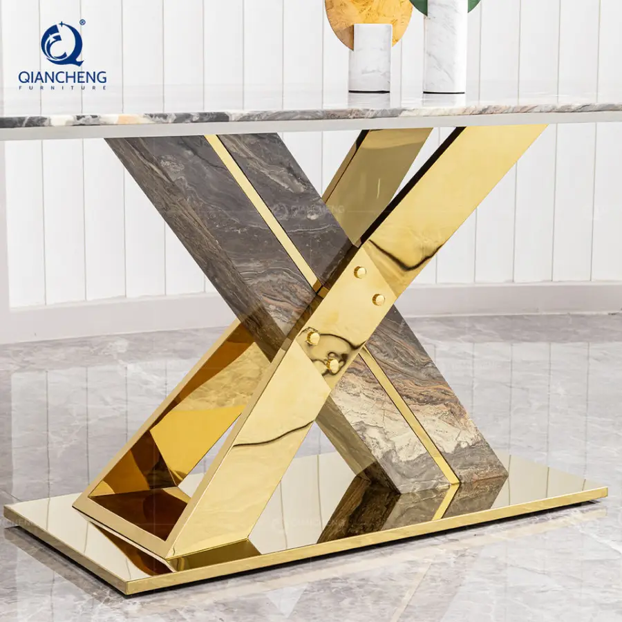 Luxury Rectangular 14 Seat Dining Table Set with Plus Fabric 6 Chairs New Design Metal X-Shaped Stand Marble Foshan-dining-table — image 5