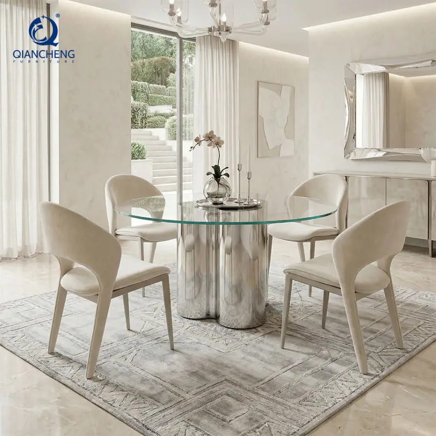 Custom High-quality Luxury Hotel Silver Stainless Steel Frame Round Glass-top Dining Table Set for Home Dining Room Furn — view 1