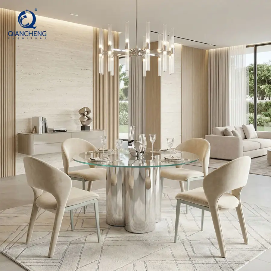 Custom High-quality Luxury Hotel Silver Stainless Steel Frame Round Glass-top Dining Table Set for Home Dining Room Furniture — image 3