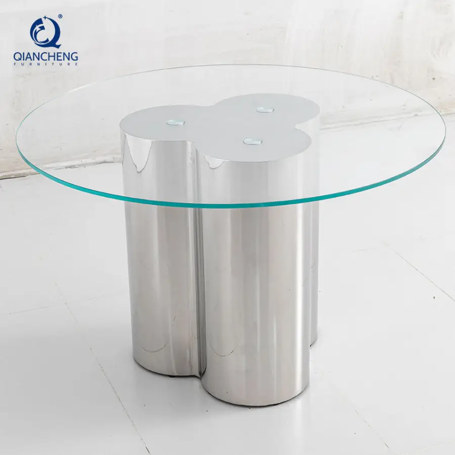 Custom High-quality Luxury Hotel Silver Stainless Steel Frame Round Glass-top Dining Table Set for Home Dining Room Furniture — image 4