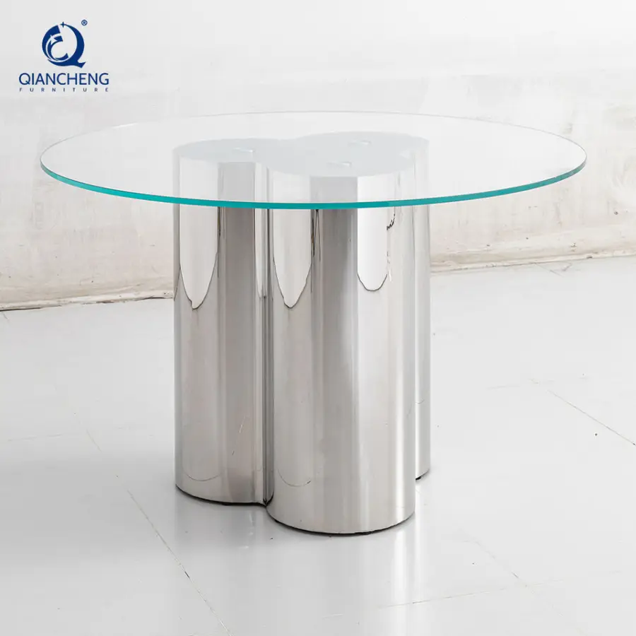 Custom High-quality Luxury Hotel Silver Stainless Steel Frame Round Glass-top Dining Table Set for Home Dining Room Furniture — image 5