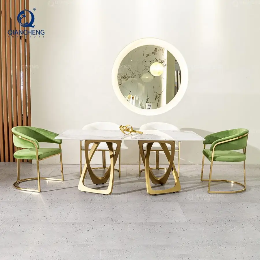 QIANCHENG White Marble Dinning Home Furniture Gold Ss Steel 4 6 8 10 12 Seater Artificial Dining Table with Factory Pric — view 1