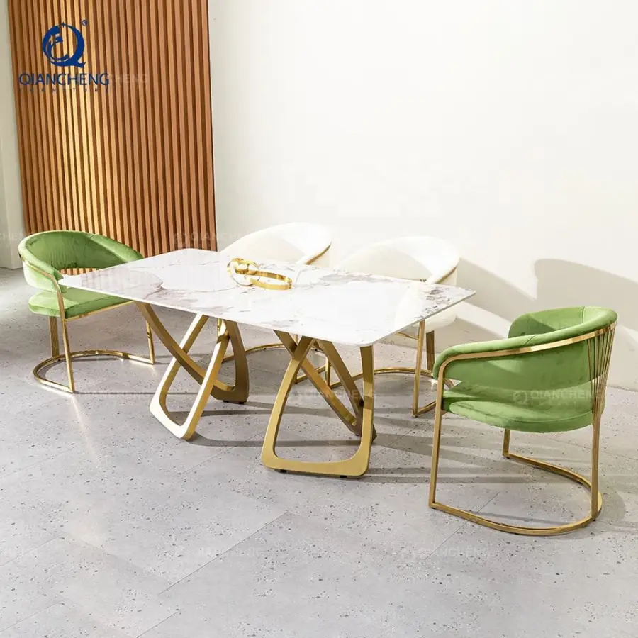 QIANCHENG White Marble Dinning Home Furniture Gold Ss Steel 4 6 8 10 12 Seater Artificial Dining Table with Factory Price — image 3