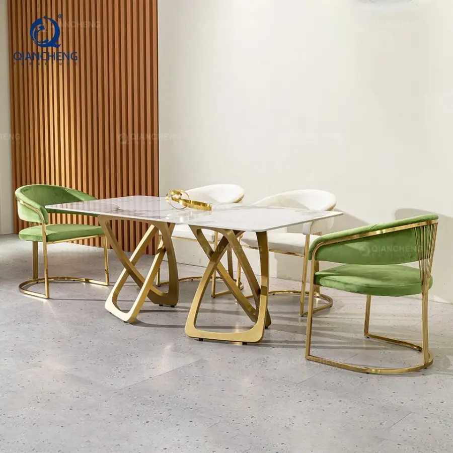 QIANCHENG White Marble Dinning Home Furniture Gold Ss Steel 4 6 8 10 12 Seater Artificial Dining Table with Factory Price — image 4