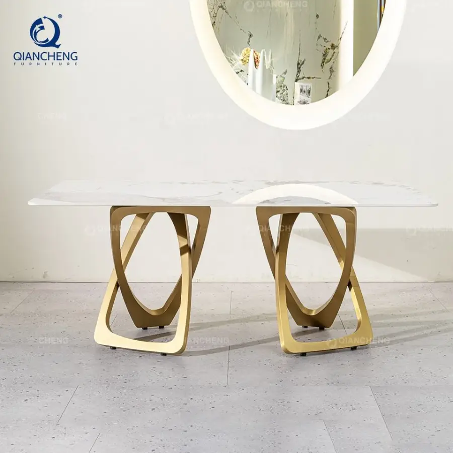 QIANCHENG White Marble Dinning Home Furniture Gold Ss Steel 4 6 8 10 12 Seater Artificial Dining Table with Factory Price — image 5